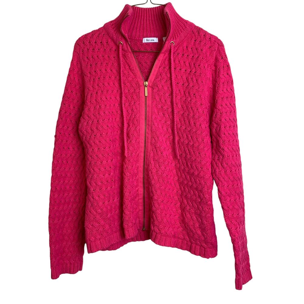 Liz & Co VTG Y2K 2000's hot pink open knit crochet zip up jacket LARGE